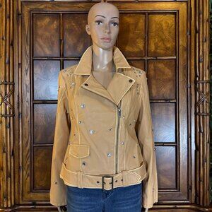 NWOT G by Giuliana Almond Tan Rhinestone Embellished Faux Leather Moto Jacket
